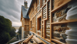 Façade de maison en cours d'isolation extérieure avec bardage bois douglas partiellement posé sur panneaux isolants