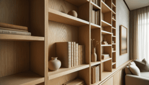 Bibliothèque en bois massif sur mesure encastrée dans une alcôve avec étagères de différentes hauteurs