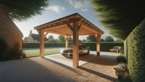 Carport en bois massif avec charpente apparente abritant un véhicule dans un jardin résidentiel