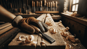 Ciseau à bois sur poutre de chêne avec copeaux dans un atelier de charpentier