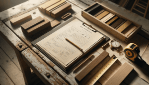 Établi de menuisier avec documents administratifs, mètre ruban et échantillons de bois