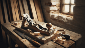 Outils de menuisier traditionnels posés sur un établi en bois dans un atelier artisanal