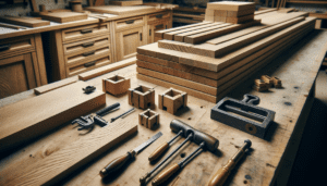Établi de menuisier avec éléments de cuisine en bois massif en cours d'assemblage et outils traditionnels