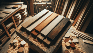 Cinq échantillons de bois différents disposés en éventail sur un établi de menuisier