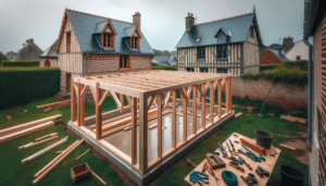 Structure en ossature bois en cours de montage contre une maison normande traditionnelle