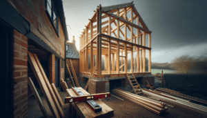 Extension ossature bois en construction contre maison normande traditionnelle