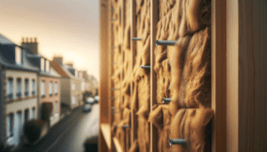 Panneaux de fibre de bois fixés sur façade extérieure avec chevilles d'ancrage