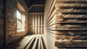 Panneaux de fibre de bois posés contre un mur en pierre lors d'une rénovation intérieure