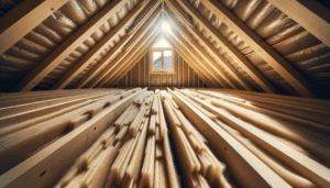 Panneaux de fibre de bois installés entre les chevrons d'une toiture en cours d'isolation