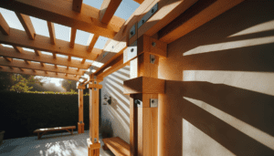 Pergola en bois attenante fixée à un mur de maison avec poutres apparentes et assemblages métalliques