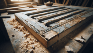 Volet en bois ancien en cours de ponçage sur un établi de menuisier