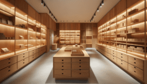 Intérieur d'une boutique agencée en bois sur mesure avec étagères et comptoir en chêne