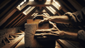 Mains d'artisan tenant un équerre contre une poutre en chêne dans une charpente traditionnelle normande