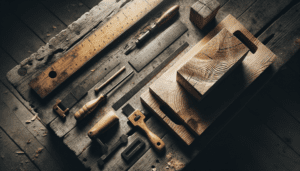 Outils de charpentier posés sur du bois brut dans un atelier de charpente