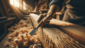 Ciseau à bois tenu par une main d'artisan sur une poutre en chêne dans un atelier de charpente