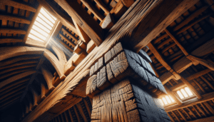 Poutres de charpente en bois ancien avec fissures et assemblages traditionnels dans un grenier