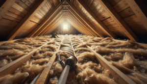Combles perdus en cours d'isolation avec de la fibre de bois soufflée entre les solives en bois