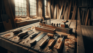 Cinq outils de menuiserie professionnels alignés sur un établi en bois dans un atelier artisanal