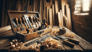 Établi de menuisier avec outils traditionnels en bois et métal dans un atelier artisanal