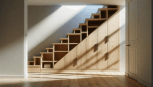 Placard en bois sous escalier avec portes ouvertes et étagères sur mesure