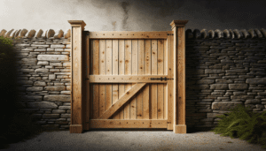 Portail en bois massif sur mesure avec assemblage tenon-mortaise apparent et grain de bois naturel visible
