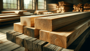 Planches de bois en différentes essences et traitements posées sur un établi d'atelier