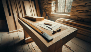 Plan de découpe et règle posés sur une surface de bureau en bois massif en atelier