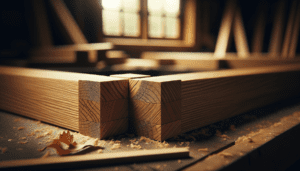 Assemblage de charpente en bois massif avec joint tenon-mortaise visible en gros plan