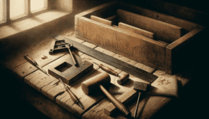 Outils de charpentier traditionnels posés sur un établi en bois brut dans un atelier