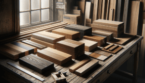 Échantillons de bois de différentes essences alignés sur un établi de menuisier avec outils de mesure