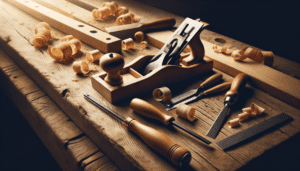 Outils de menuiserie artisanale disposés sur un établi en bois brut