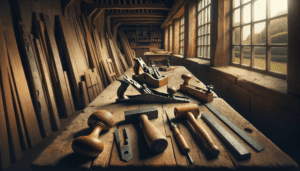 Cinq outils de menuiserie traditionnels disposés sur un établi en bois dans un atelier normand