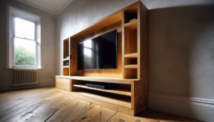 Meuble TV encastré en bois massif sur mesure intégré dans une alcôve de salon