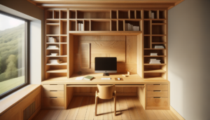 Bureau en bois de chêne sur mesure avec rangements intégrés en alcôve