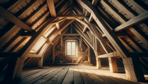 Structure de charpente traditionnelle en bois vue depuis l'intérieur d'un comble dans l'Eure