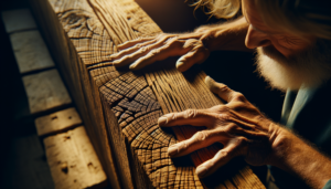 Mains d'artisan inspectant une poutre en chêne dans une charpente traditionnelle