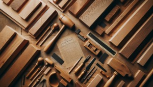 Outils de menuisier et échantillons de bois disposés sur un établi en bois clair