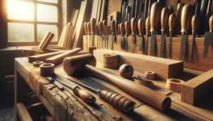 Outils de menuisier disposés sur un établi en bois avec une planche de chêne brute