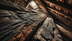 Poutre de charpente en bois ancienne présentant des fissures et des traces de moisissures
