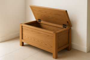 Banc coffre en bois sur mesure avec couvercle ouvert révélant l'espace de rangement intérieur