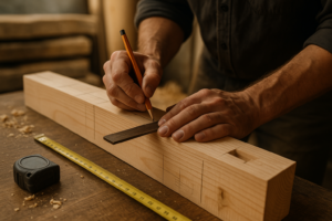 Mains d'un charpentier traçant des repères sur une poutre en bois dans un atelier
