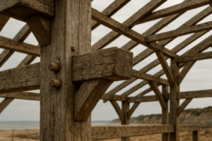 Structure en charpente bois avec assemblages traditionnels sur chantier en milieu littoral normand
