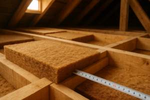 Panneaux de fibre de bois posés entre les chevrons d'un comble perdu lors d'un chantier d'isolation