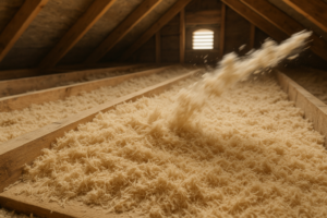 Isolation de combles en fibre de bois soufflée sur plancher de charpente en bois