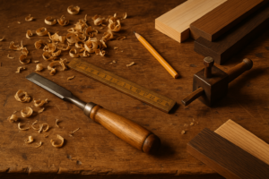 Outils de menuisier posés sur un établi en bois avec des copeaux et des instruments de mesure