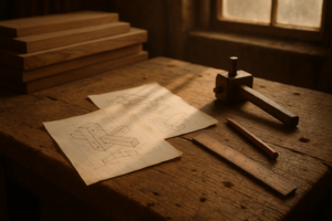 Bureau d'artisan menuisier avec plans de travail, outils de traçage et planches de chêne en atelier