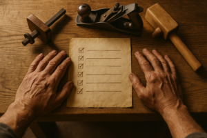 Mains d'artisan posées sur un établi en bois avec des outils de menuiserie traditionnels disposés avec soin