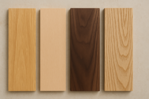 Quatre essences de bois côte à côte : chêne, hêtre, noyer et frêne, vue de dessus