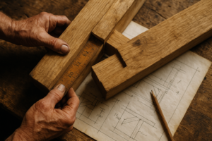 Artisan mesurant une pièce de charpente en bois sur un établi avec des plans techniques