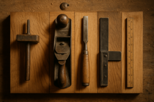 Cinq outils de menuiserie traditionnels alignés sur un établi en bois brut dans un atelier